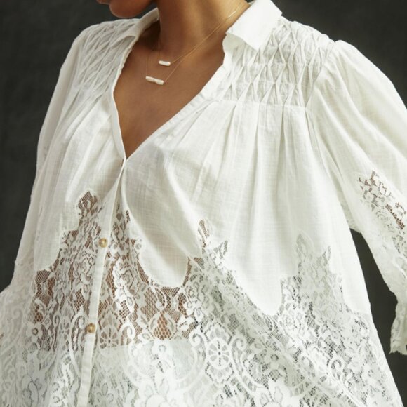 By Anthropologie Victorian Sheer-Lace Blouse Button-Up White - Women's M - Picture 2 of 12